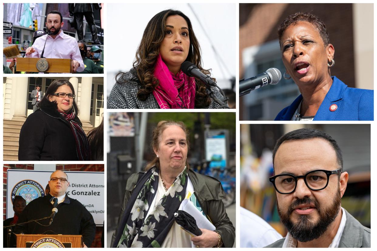 New York City council members running for Speaker: Keith Powers, (clockwise from top left) Carlina Rivera, Adrienne Adams,  Francisco Moya, Gale Brewer, Justin Brannan and Diana Ayala.