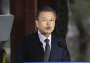 South Korean President Moon Jae-in speaks during a ceremony to mark the 102nd anniversary of the March First Independence Movement Day, the anniversary of the 1919 uprising against Japanese colonial rule in Seoul, South Korea, Monday, March 1, 2021. (Jewon Heon-kyun/Pool Photo via AP)