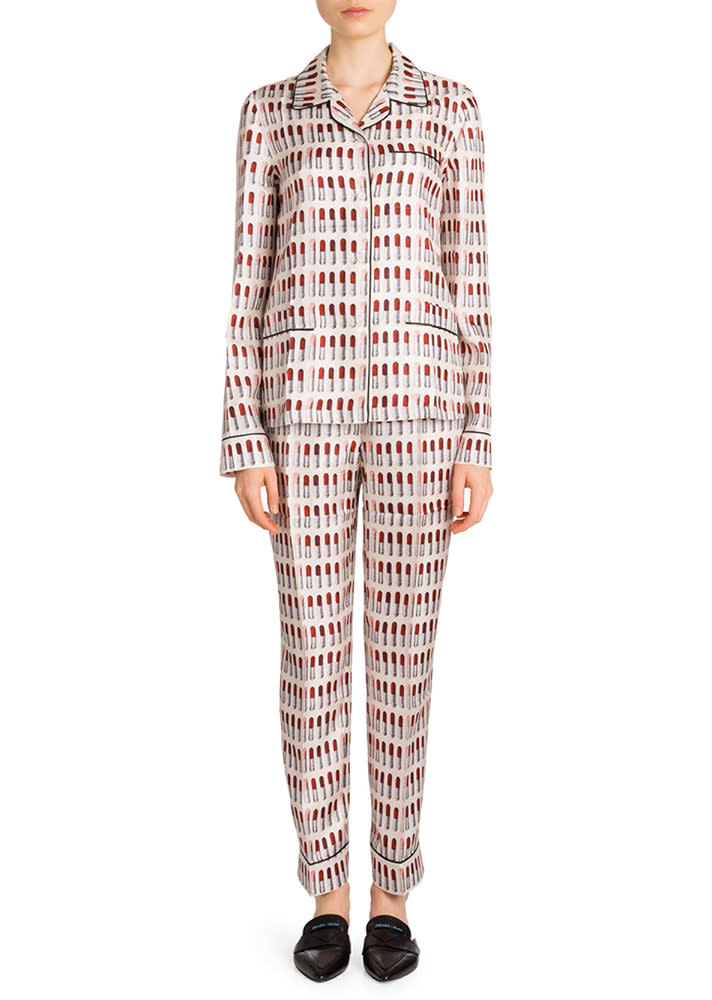 Lipstick-Print Silk Pajama Set