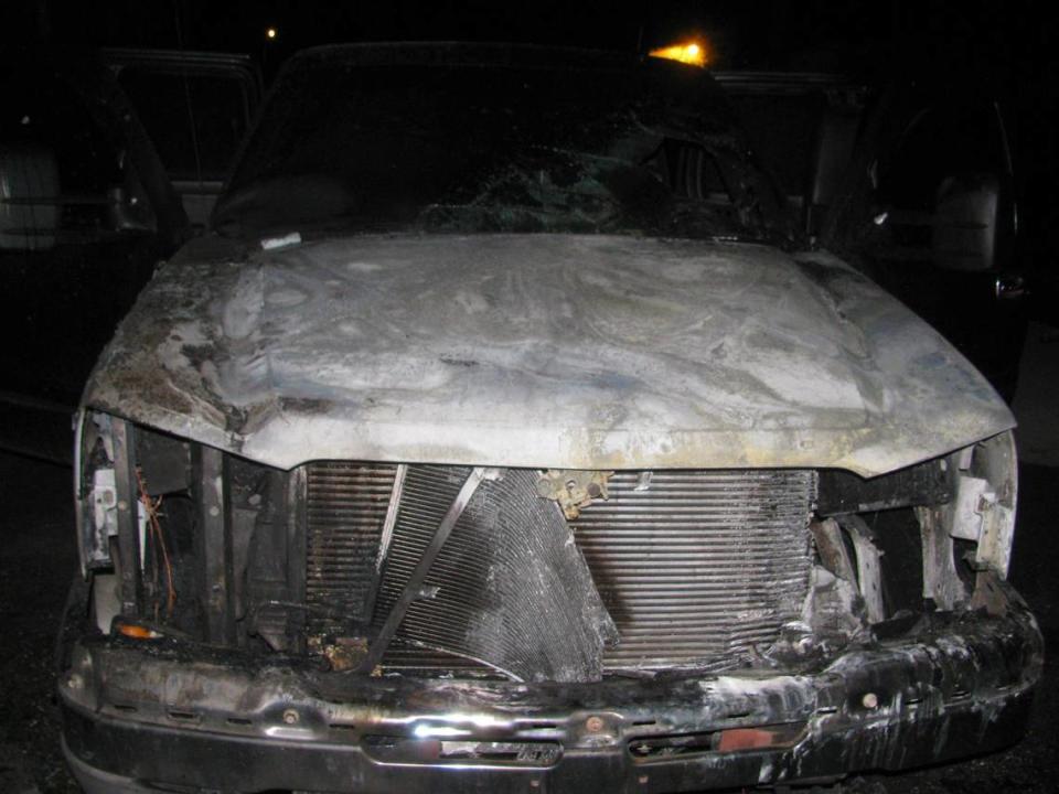 A photo shows the damage after someone set Hector Rodriguez’s truck on fire outside his Hialeah home.