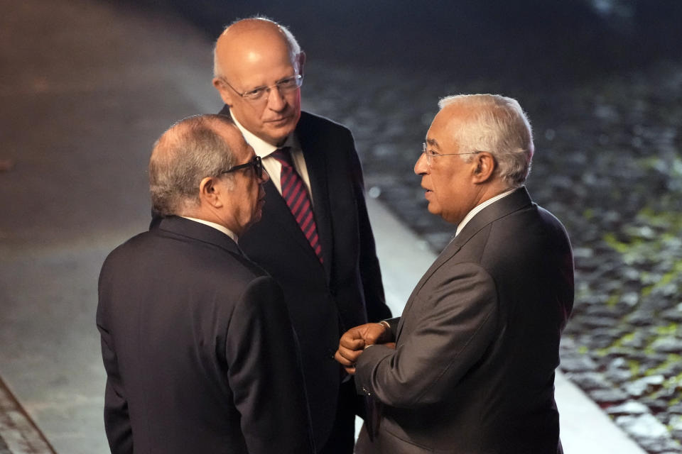 Outgoing Portuguese Prime Minister Antonio Costa, right, speaks with Parliament President Augusto Santos Silva and Socialist Party President Carlos Cesar, left, after attending the State Council meeting called by President Marcelo Rebelo de Sousa at the Belem presidential palace in Lisbon, Thursday, Nov. 9, 2023. On Tuesday, Prime Minister Costa resigned while his government is involved in a widespread corruption probe.