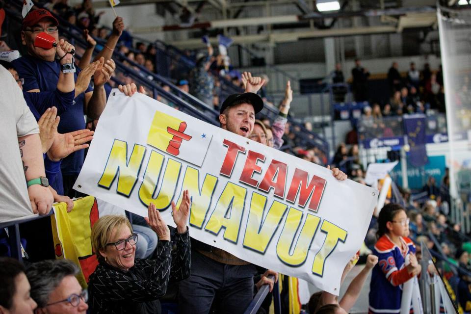 Team Nunavut plays Team Alaska in the hockey final of the 2023 Arctic Winter Games, in Fort McMurray, Alta., on Feb. 3, 2023. Nunavut won the gold ulu with a final score of 4-0.