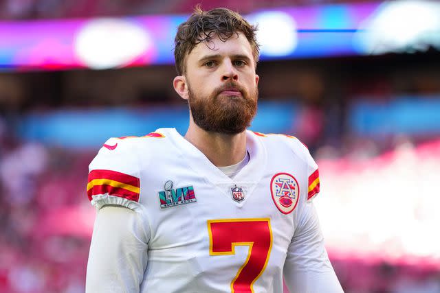 <p>Cooper Neill/Getty</p> Harrison Butker #7 of the Kansas City Chiefs warms up before the game against the Philadelphia Eagles prior to Super Bowl LVII at State Farm Stadium on February 12, 2023