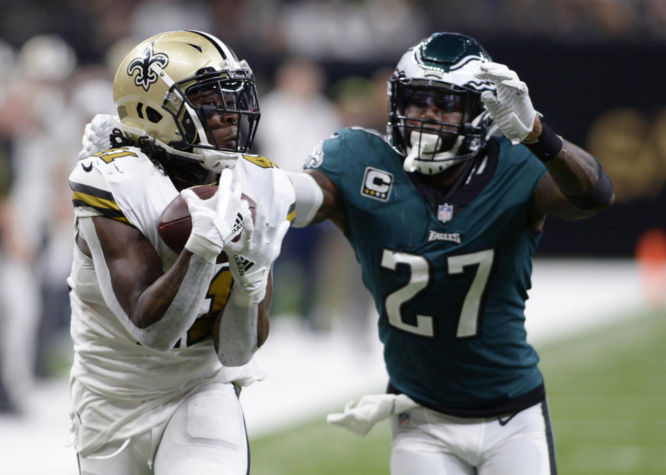 Saints running back Alvin Kamara (41) beats Eagles safety Malcolm Jenkins (27) for a touchdown in Week 11. (AP)