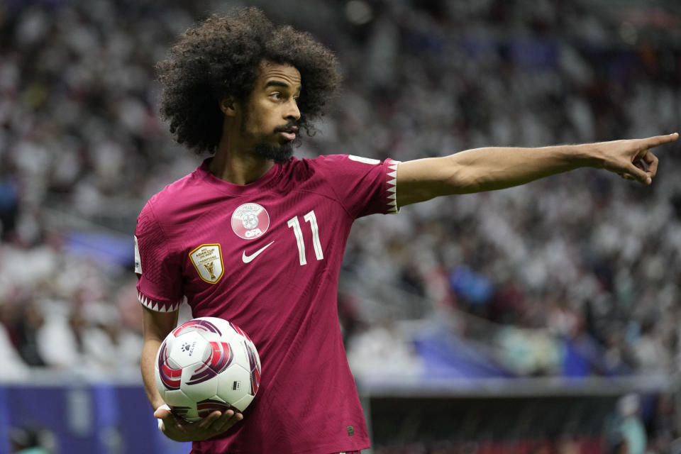 Qatar's Akram Afif gestures during the Asian Cup Group A soccer match between Tajikistan and Qatar at Al Bayt stadium, in Al Khor, Qatar, Wednesday, Jan. 17, 2024. (AP Photo/Aijaz Rahi)