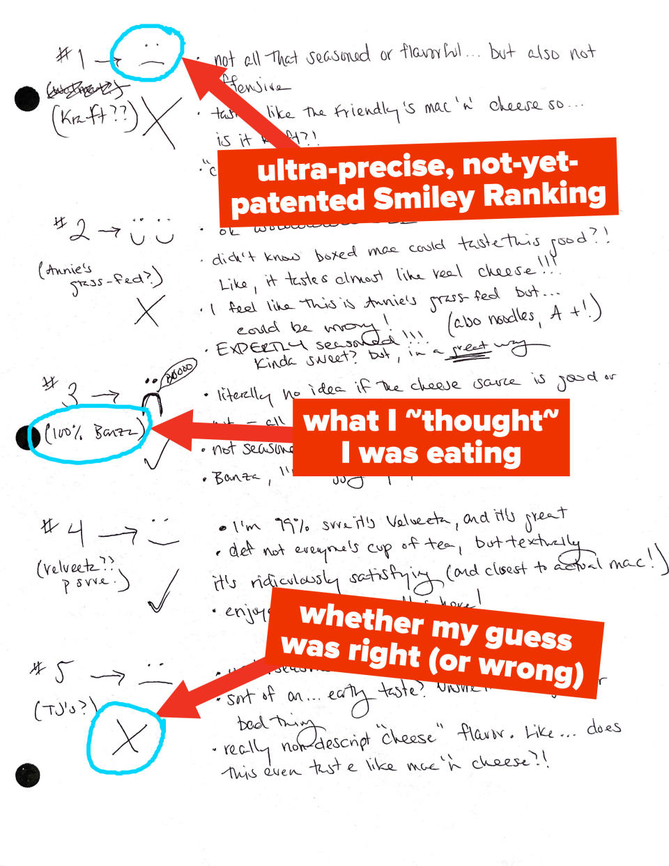 Author's handwritten notes with various smiley faces as a "ranking," his guesses for what each was, and whether or not the guesses were correct