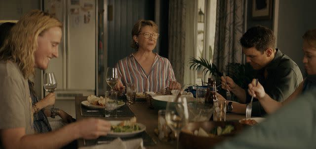 <p>PEACOCK</p> Conor Merrigan-Turner as Logan, Annette Bening as Joy, Jake Lacy as Troy, Essie Randles as Brooke in 'Apples Never Fall'