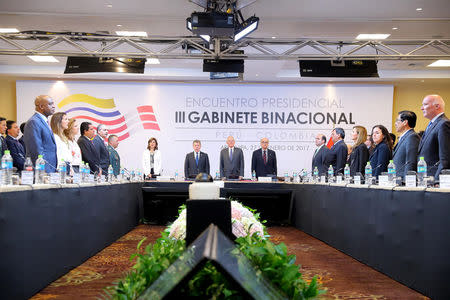 Peruvian President Pedro Pablo Kuczynski and his Colombian counterpart Juan Manuel Santos attend the 3rd Binational Cabinet in Arequipa, Peru January 27, 2017. Courtesy of Peruvian Presidency/Luis Guillen/Handout via REUTERS