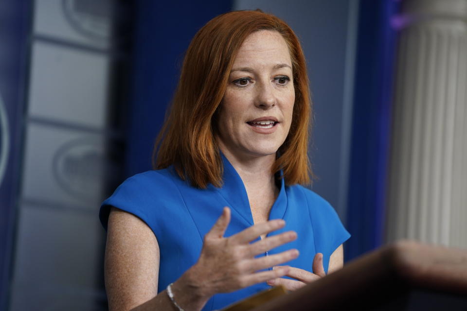 White House press secretary Jen Psaki speaks during a briefing at the White House, Friday, March 26, 2021, in Washington. (AP Photo/Evan Vucci)