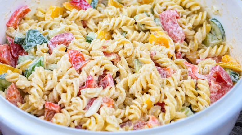 creamy pasta salad in bowl