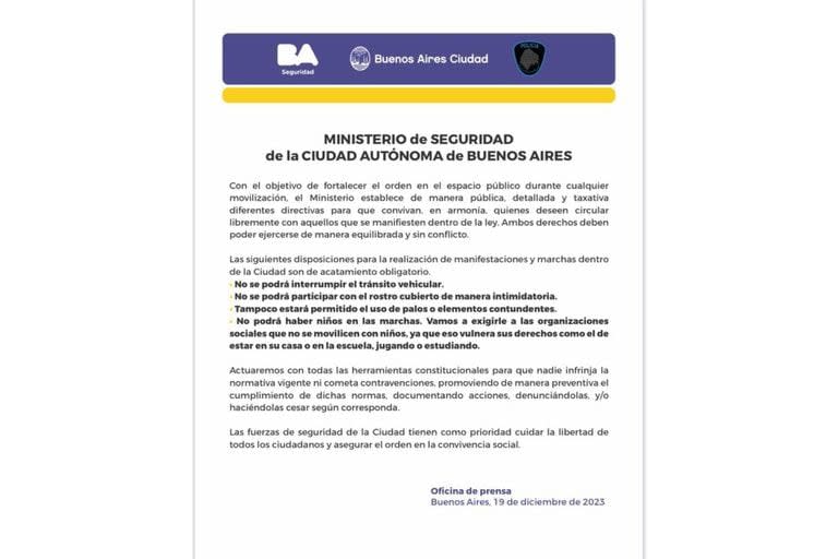 El documento de la secretaría de Seguridad porteña