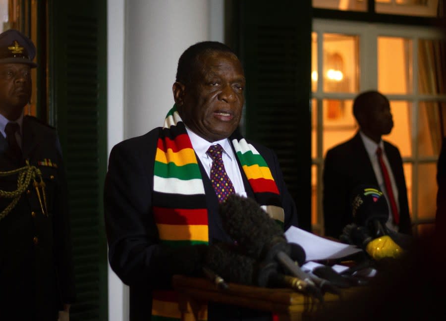 Zimbabwe’s president Emmerson Mnangagwa holds a press conference at State House:on September 6, 2019 in Harare, Zimbabwe. (Photo by Tafadzwa Ufumeli/Getty Images)