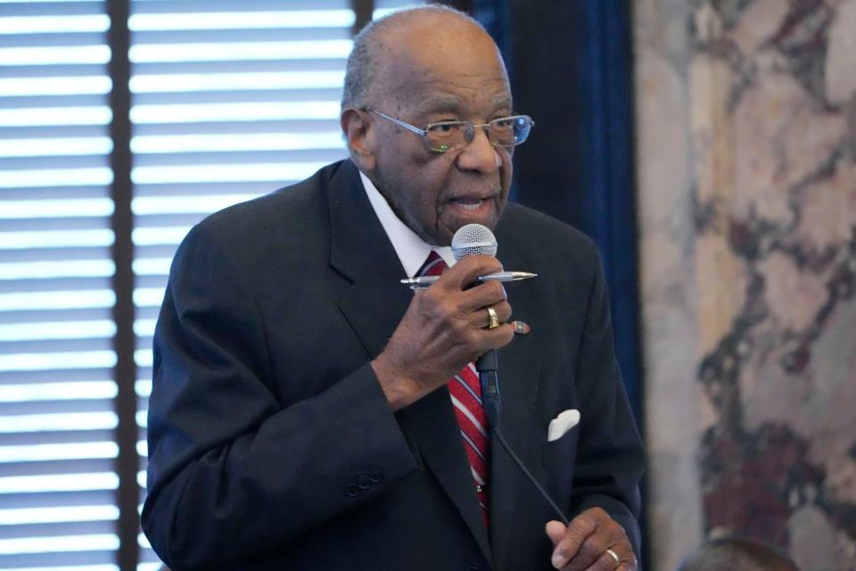 Mississippi state Sen. David Jordan, D-Greenwood, asks a question concerning the funding incentives for a proposed factory that would make electric vehicle batteries during a special session of the Mississippi Legislature, Thursday, Jan. 18, 2024, at the Mississippi Capitol in Jackson.