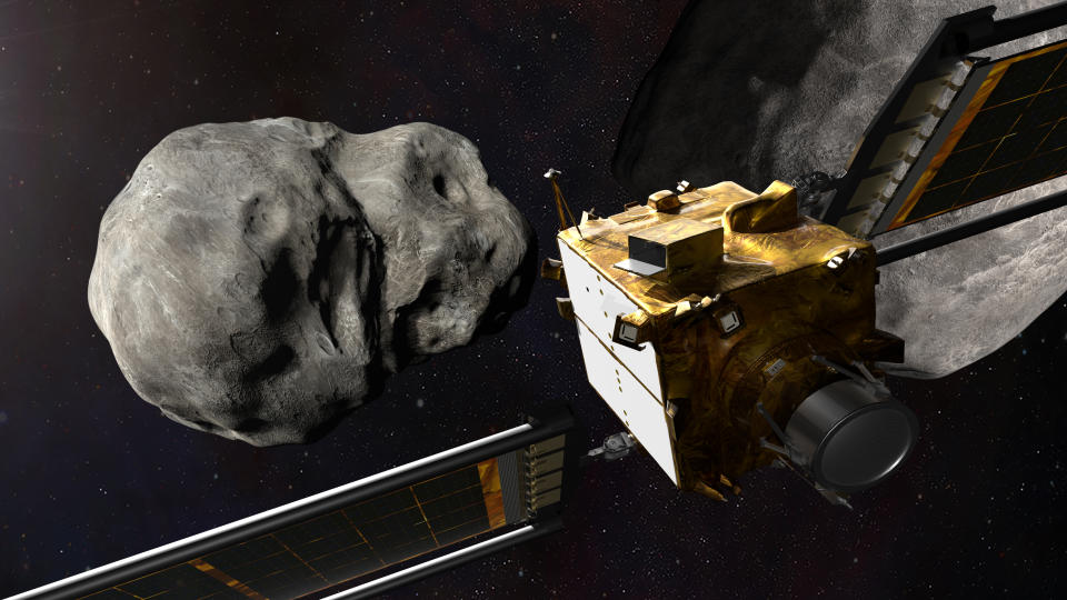 An illustration of NASA's Double Asteroid Redirection Test, or DART, approaching its target moon around the asteroid Didymos.