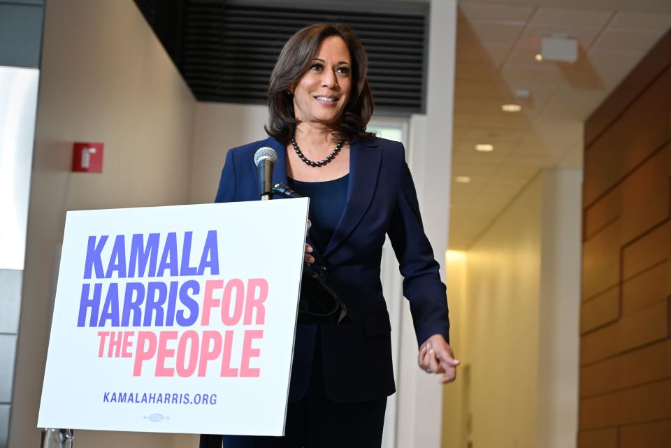 Sen. Kamala Harris, D-Calif, addresses the media on Jan. 21 at Howard University in Washington, D.C., after announcing earlier that day she is seeking to become the first African-American woman to hold the office of president. (Photo: Eva Hambach/AFP/Getty Images)