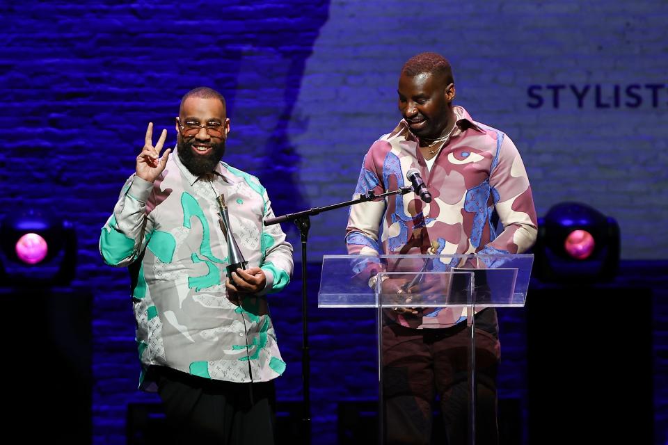 Micah McDonald and Wayman Bannerman accept the stylists of the year during the 16th annual Harlem's Fashion Row Fashion Show and Style Awards at the Apollo Theater on Sept. 5, 2023, in New York City.