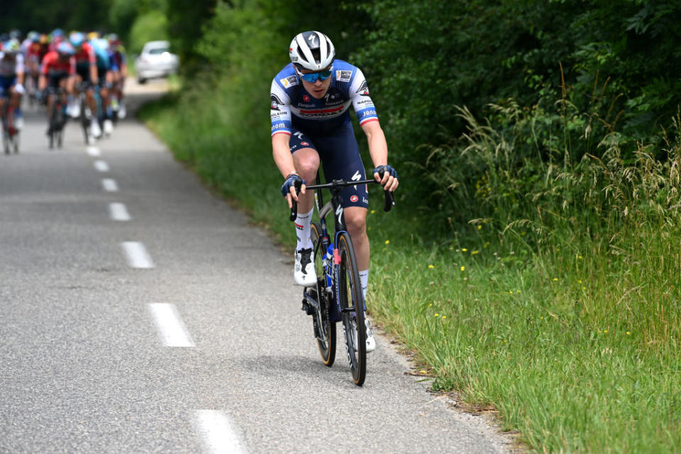 CRESTVOLAND FRANCE  JUNE 09 Rmi Cavagna of France and Team Soudal  Quick Step attacks during the 75th Criterium du Dauphine 2023 Stage 6 a 1702km stage from Nantua to CrestVoland 1218m  UCIWT  on June 09 2023 in CrestVoland France Photo by Dario BelingheriGetty Images