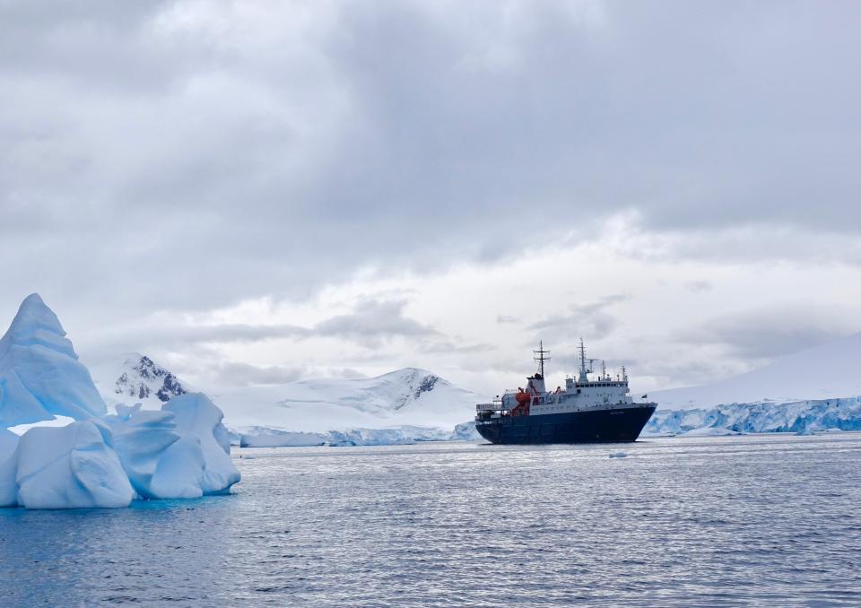 The M/V Ortelius floats in a bay off Antarctica during a recent cruise.