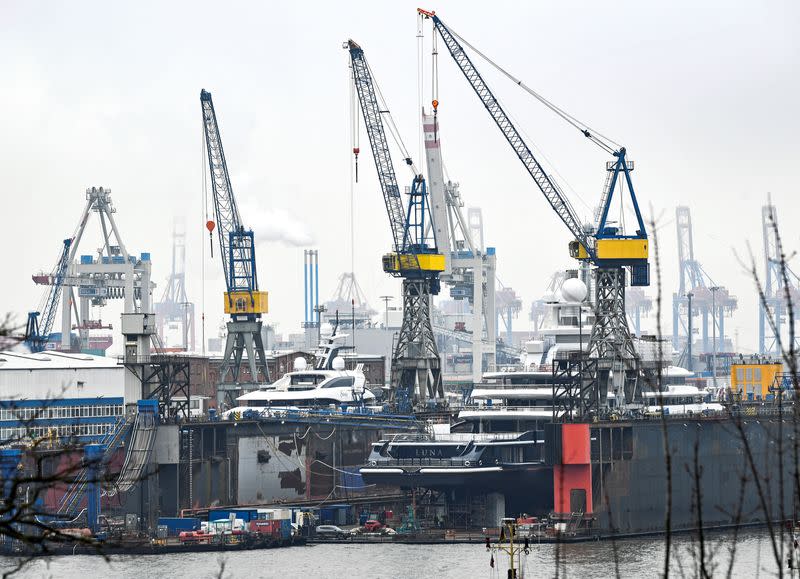 The 115 metre superyacht Luna lies in the Blohm & Voss dock in the harbour, in Hamburg