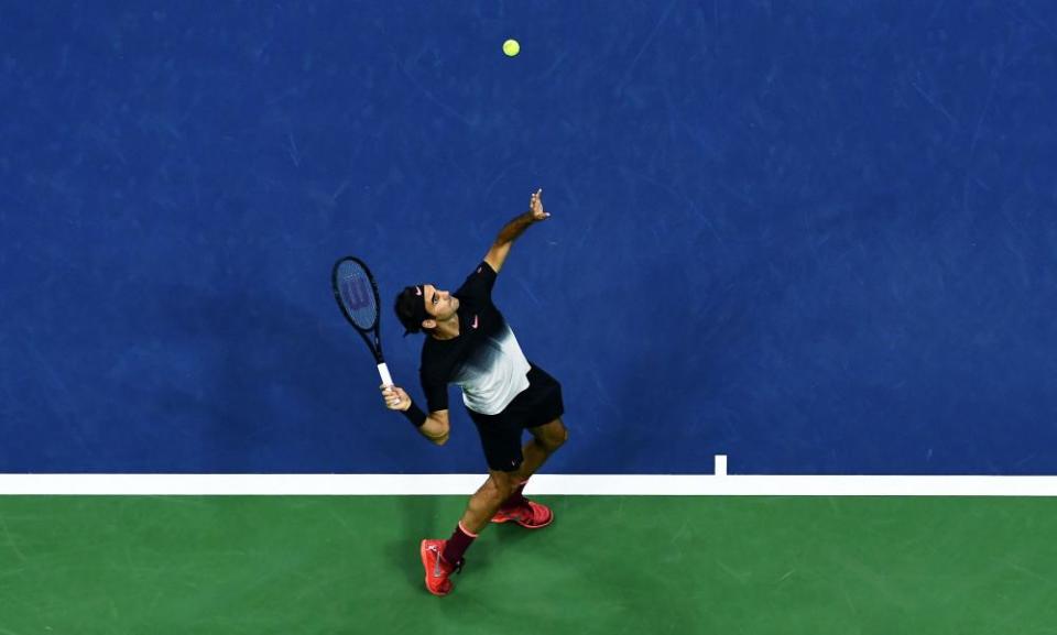 Switzerland’s Roger Federer serves the ball to Spain’s Feliciano Lopez during their 2017 US Open Men’s Singles match.