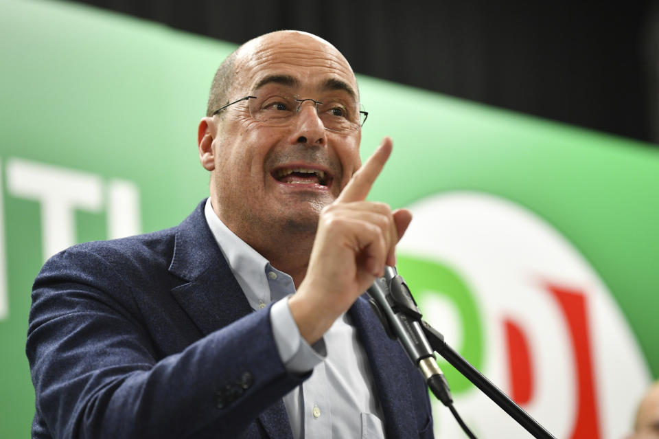 Nicola Zingaretti, president of Lazio Region and Democratic Party secretary, participate in the closing event of the electoral campaign of the Democratic Party of Emilia-Romagna at the ARCI Benassi club in Bologna, Italy, on Thursday, Jan. 23, 2020. (Massimo Paolone/LaPresse via AP)