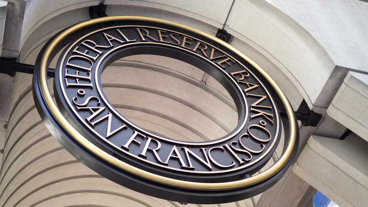 San Francisco downtown, San Francisco, California, the United States: 04/20/2018 - The sign of An Francisco federal reserve bank - Image.
