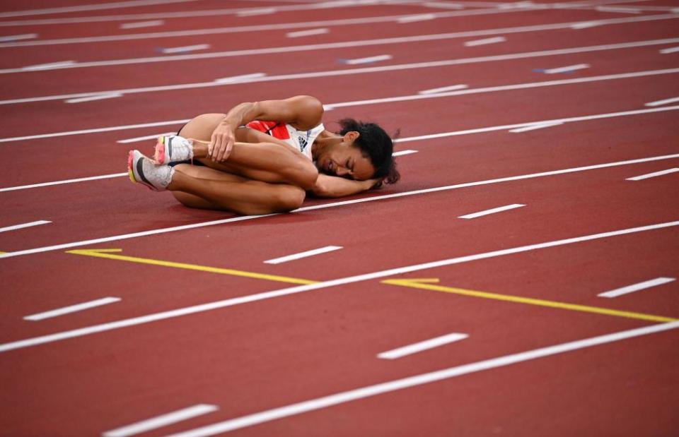 Katarina Johnson-Thompson of Britain after her injury.