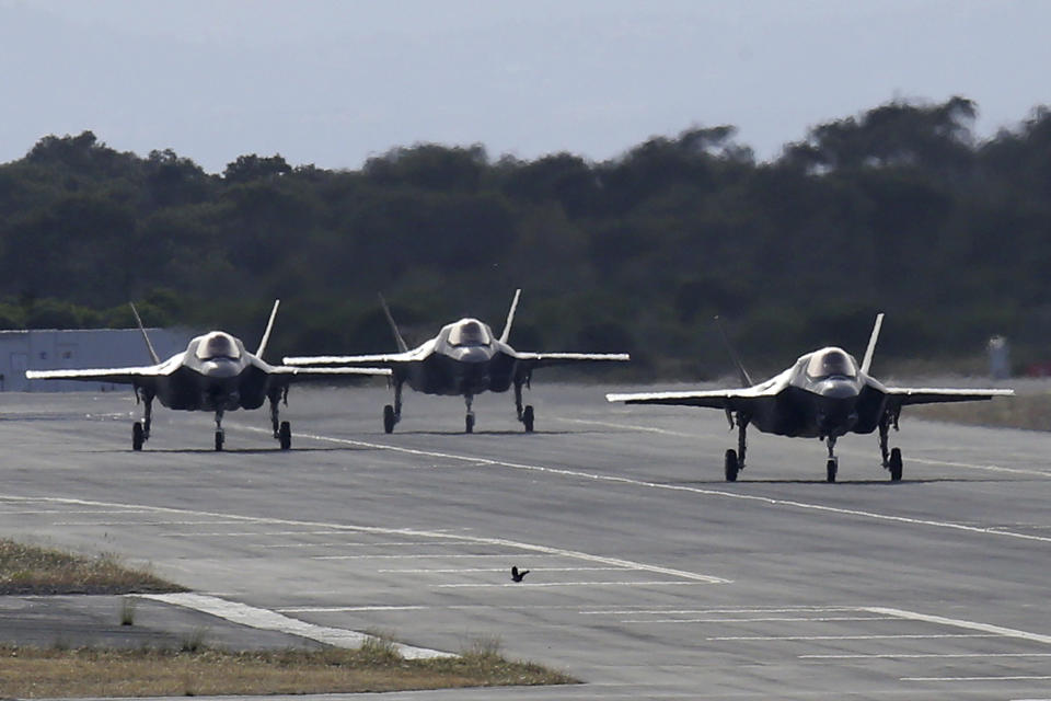 FILE - In this Tuesday, May 21, 2019 file photo, F-35B aircraft pass on a runway after landing at the Akrotiri Royal air forces base near city of Limassol, Cyprus. Britain's defense secretary said the country's most advanced military aircraft, the Lightning F-35B, that is undergoing training at a British air base in Cyprus has flown its first missions over Syria and Iraq as part of the ongoing operations against the Islamic State group, in a statement issued Tuesday June 25, 2019. (AP Photo/Petros Karadjias, File)