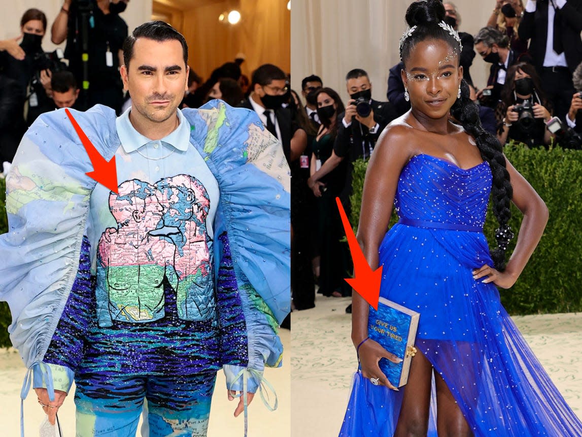 Dan Levy at the Met Gala 2021 next to a photo of Amanda Gorman at the Met Gala