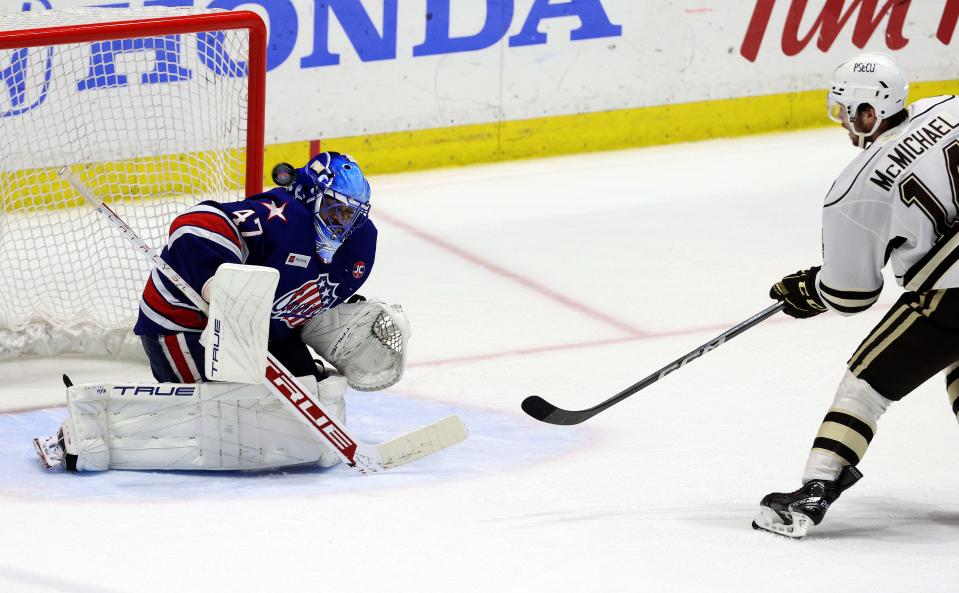 Amerks goalie Malcom Subban makes this save on a breakaway by Hershey’s Connor McMichael. 