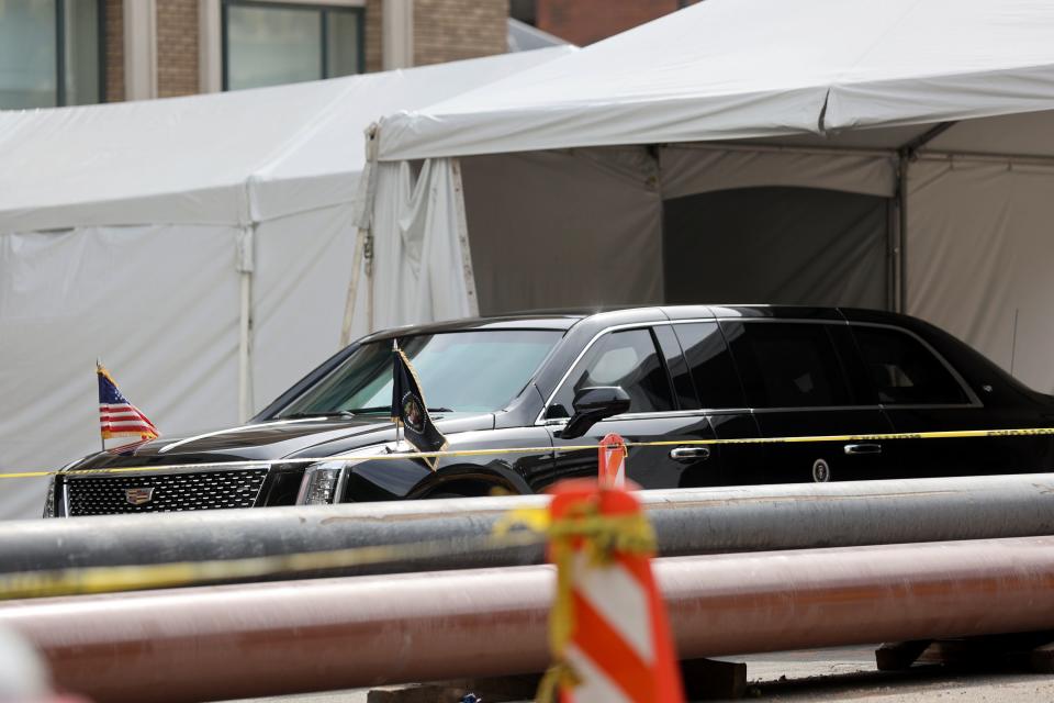 President Joe Biden’s motorcade arrives at Hotel Monaco in Salt Lake City on Wednesday, Aug. 9, 2023. President Biden is not in the pictured vehicle. | Kristin Murphy, Deseret News