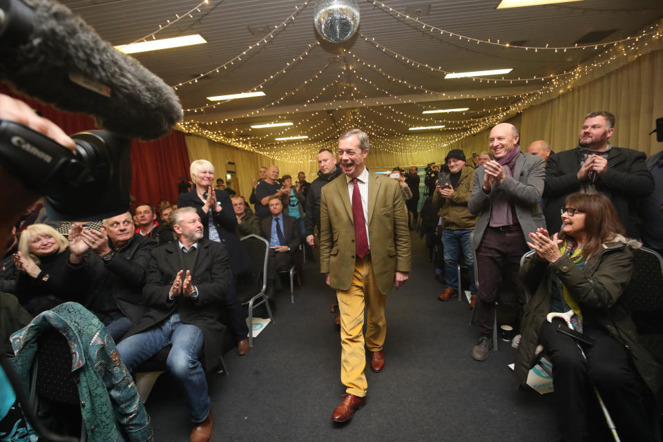 Brexit Party leader Nigel Farage arrives to address supporters at Ionians RUFC in Hull during General Election campaigning. (PA Images)