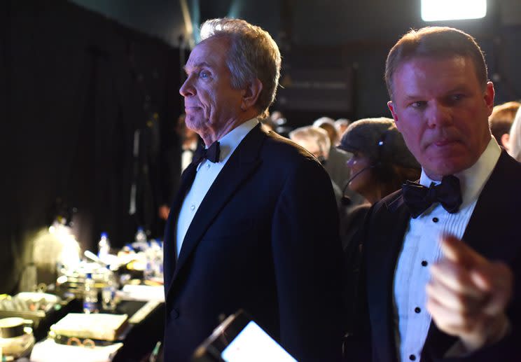 Warren Beatty and Brian Cullinan backstage at the 89th Annual Academy Awards, Los Angeles (Photo: Andrew H. Walker/REX/Shutterstock)<br>