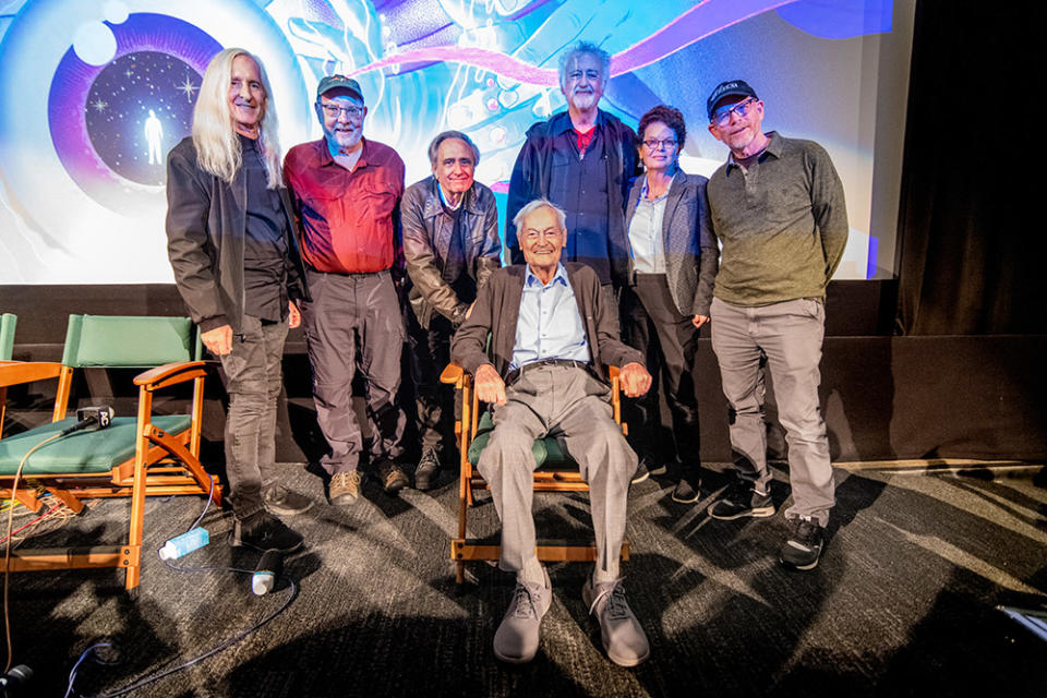 (L-R): Panel Moderator Mick Garris, Producer Jon Davison, Filmmaker Roger Corman (seated), Filmmaker Joe Dante, Filmmaker Allan Arkush, FIlmmaker Amy Holden and Filmmaker Ron Howard