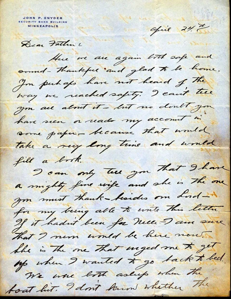 <span>This letter is a tremendous example of a first hand account of the sinking of the Titanic and its aftermath. (Page 1 of 4)<br><br>A</span><span> handwritten letter dated April 24, 1912, from John Snyder to his father, Frank. "We were both asleep when the boat hit...When we reached the top deck only a few people were about and we all were told to go down & put on our life belts...We were almost the very first people placed in the Lifeboat. Only a very few people were on deck at the time and they thought it much safer to stay on the big boat than to try the life boat". <br><br>He goes on to say how once in the lifeboats they could see from afar the boat sinking. "Finally the bow went under - that the finest boat in the world was doomed - we hit between 11:40 & 11:50 and the Titanic sunk at 2:22 in the morning." <br><br></span>(Photo courtesy of <a href="http://www.weissauctions.com/" rel="nofollow noopener" target="_blank" data-ylk="slk:Phillip Weiss Auctions;elm:context_link;itc:0;sec:content-canvas" class="link ">Phillip Weiss Auctions</a>)