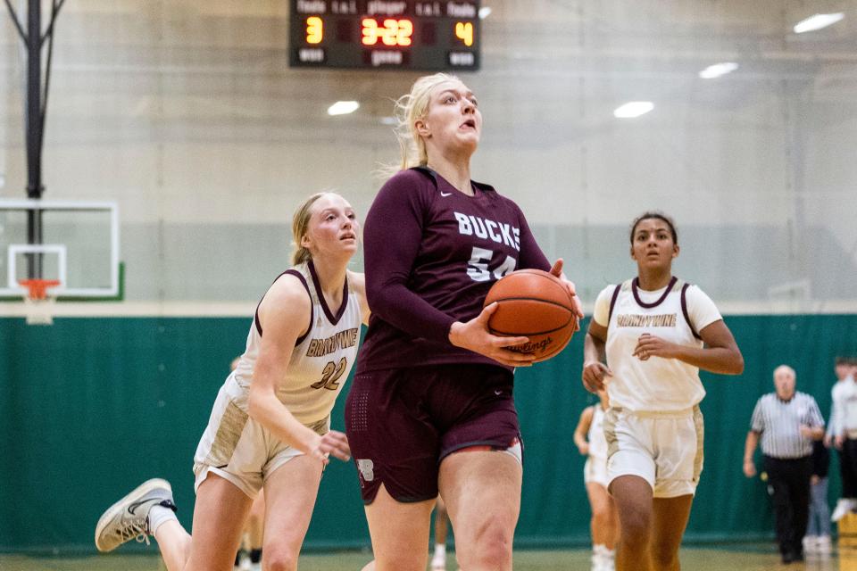 Buchanan's Faith Carson (54) goes up for a shot as Brandywine's Miley Young (22) defends during the Brandywine-Buchanan high school Division 3 District 78 basketball game on Saturday, March 04, 2023, at Coloma High School in Coloma, Michigan.