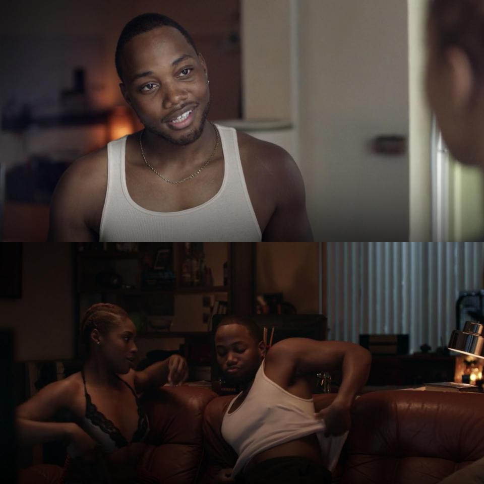 Leon Thomas as Eddie takes off his shirt after Issa's removed her top in "Insecure"