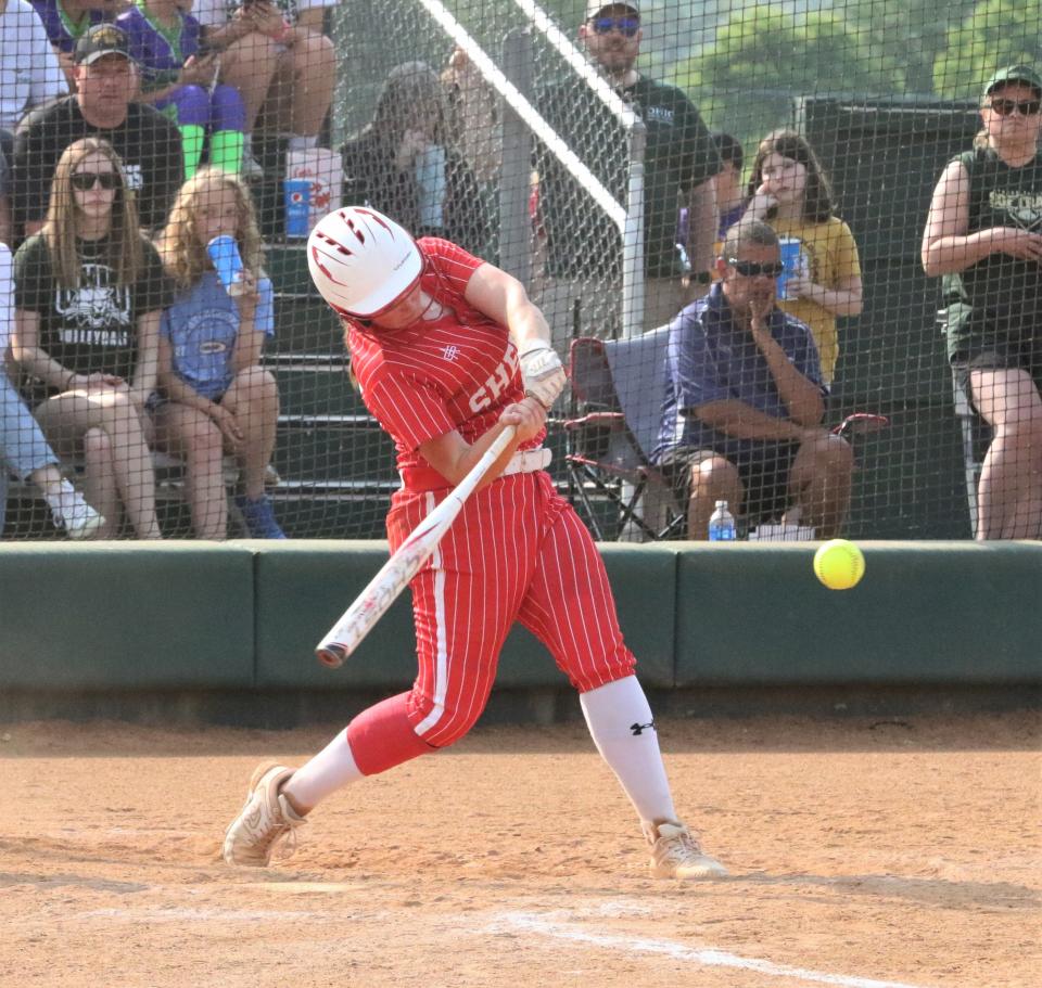 Sheridan's Cora Hall hits one of her three doubles during a 10-1 win against Athens in Thursday's Division II district final at Ohio University.