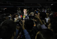 Chicago Bulls guard Zach LaVine speaks to journalists before the start of a basketball practice at the Mexico City Arena in Mexico City, Wednesday, Dec. 12, 2018. The Bulls will face Orlando Magic Thursday in the first of two 2018 regular-season NBA games to be played in the high-altitude Mexican capital. (AP Photo/Rebecca Blackwell)