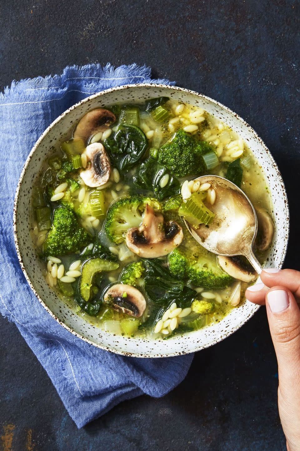 Supergreen Mushroom and Orzo Soup