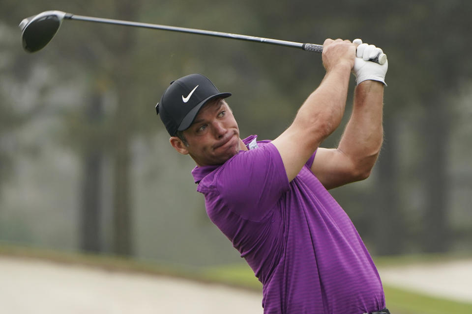 Paul Casey, of England, tees off on the third hole during the final round of the Masters golf tournament Sunday, Nov. 15, 2020, in Augusta, Ga. (AP Photo/Chris Carlson)