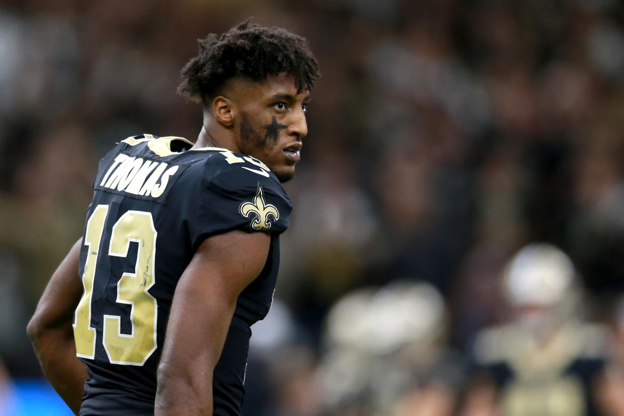 NEW ORLEANS, LOUISIANA - NOVEMBER 24: Michael Thomas #13 of the New Orleans Saints in stands on the field during a NFL game against the Carolina Panthers at the Mercedes Benz Superdome on November 24, 2019 in New Orleans, Louisiana. (Photo by Sean Gardner/Getty Images)