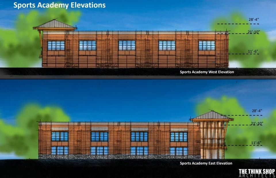An architectural rendering shows what the proposed Michigan Elite Sports Academy would look like in Brighton Township.