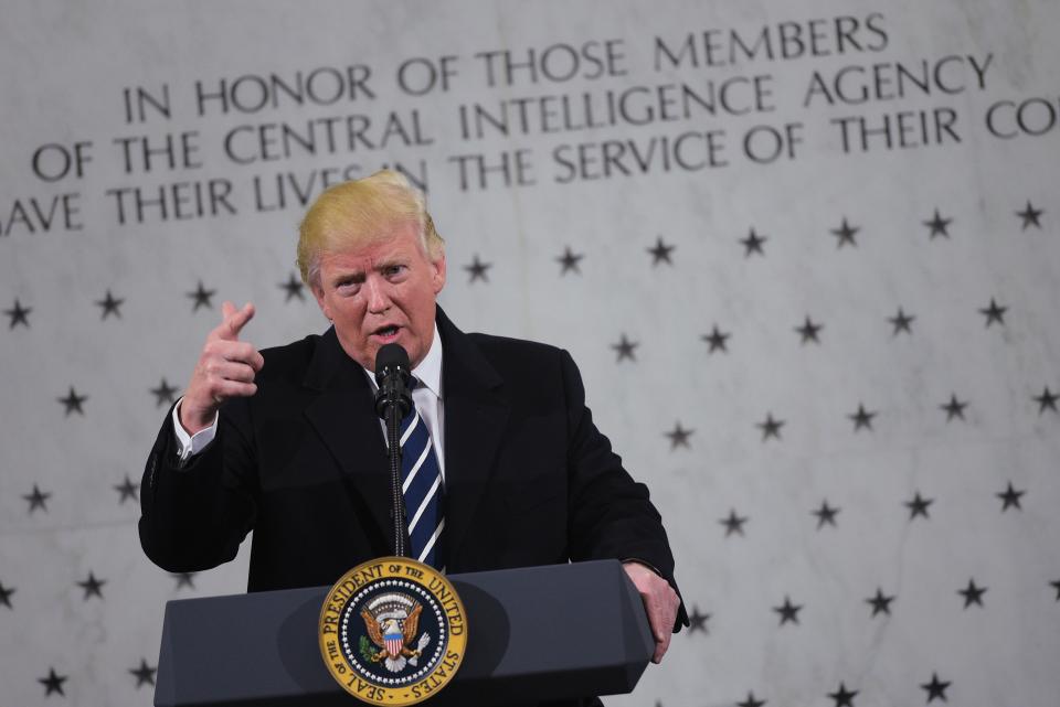 President Donald Trump speaks at CIA Headquarters in Langley, Virginia, on January 21, 2017. (Mandel Ngan/AFP via Getty Images)
