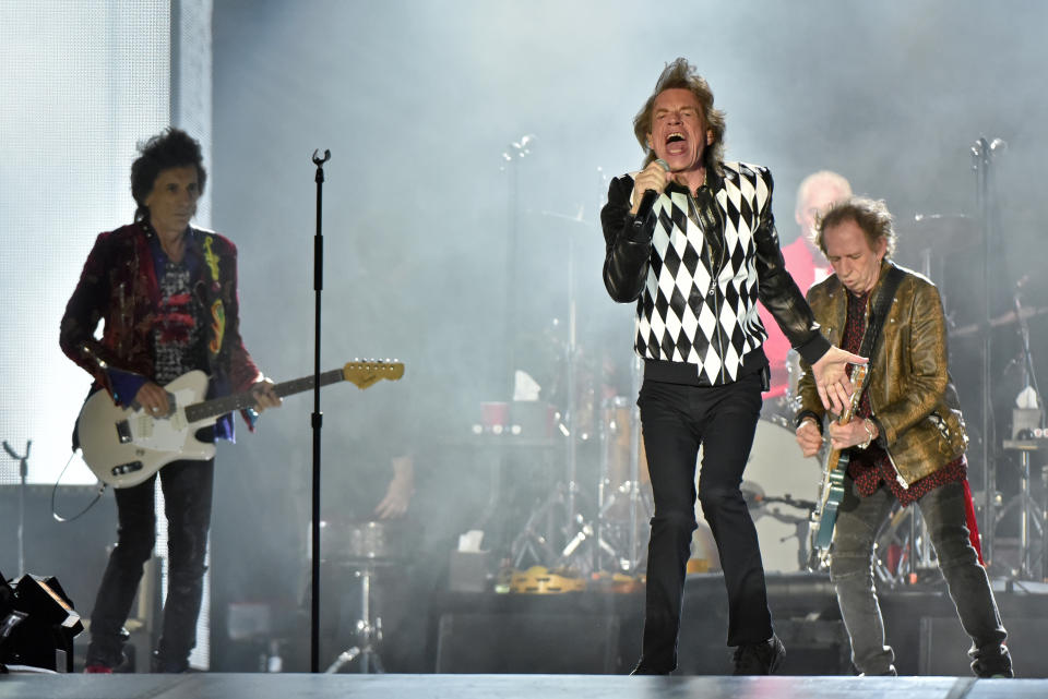 Mick Jagger, Charlie Watts, and Keith Richards of The Rolling Stones performs during the "No Filter" tour at Soldier Field on Friday, June 21, 2019, in Chicago. (Photo by Rob Grabowski/Invision/AP)