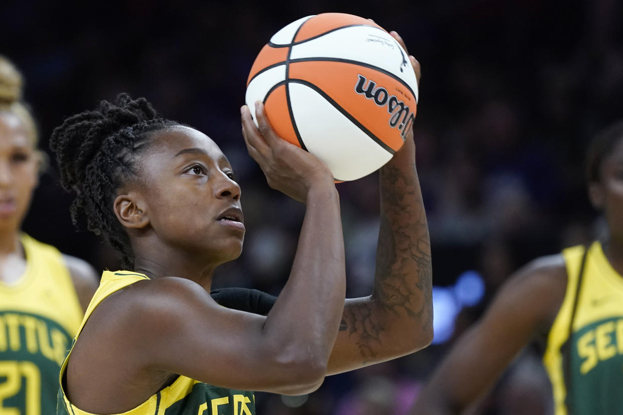 Seattle Storm guard Jewell Loyd scored a single-season record 939 points in 2023. (AP Photo/Ross D. Franklin)