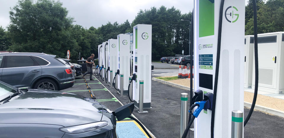 Barrow in Furness united kingdom June 18 2022 Electrical cars charging battery at station