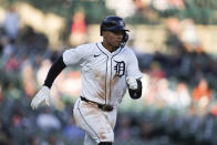 Detroit Tigers' Wenceel Pérez runs out a double against the Minnesota Twins in the seventh inning during the second baseball game of a doubleheader, Saturday, April 13, 2024, in Detroit. (AP Photo/Paul Sancya)