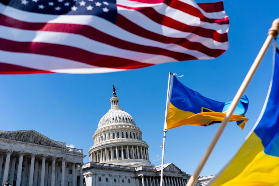 PHOTO: American and Ukrainian flags fly near the U.S. Capitol on April 20, 2024 in Washington, DC. The House is passed a $95 billion foreign aid package today for Ukraine, Israel and Taiwan. (Nathan Howard/Getty Images)