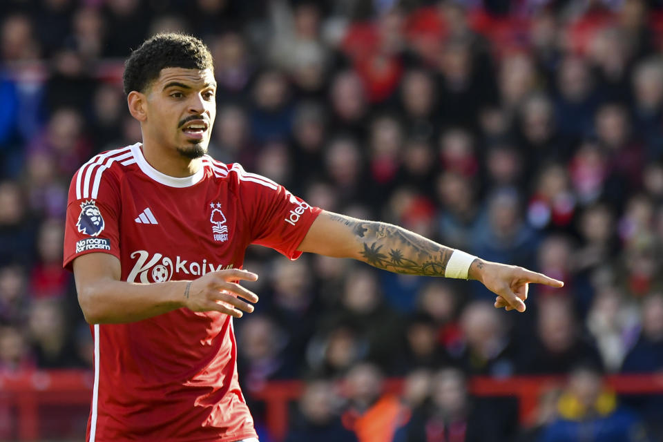 Nottingham Forest's Morgan Gibbs-White gestures during the English Premier League soccer match between Nottingham Forest and Liverpool at City ground in Nottingham, England, Saturday, March 2, 2024. (AP Photo/Rui Vieira)